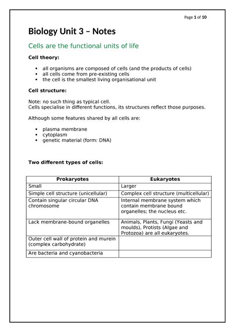 32 Summary Notes Biology Unit 3 Notes Cells Are The Functional