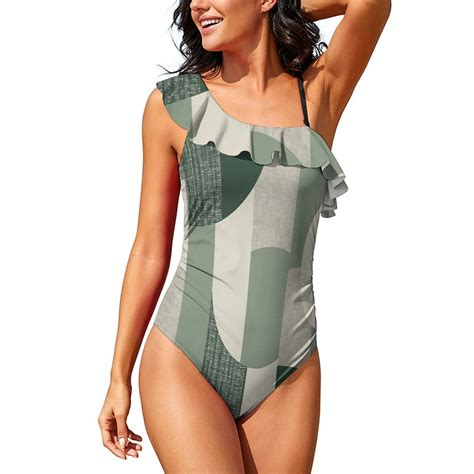 Sage Green One-Piece Swimsuit One Shoulder Ruffle Women Swimsuit Beach