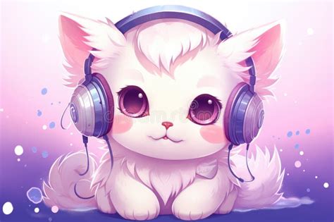 Cute Cartoon Cat Listening To Music With Headphones On Purple