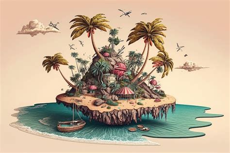 Premium AI Image A Surreal Float Island With A Beach Palm Trees And