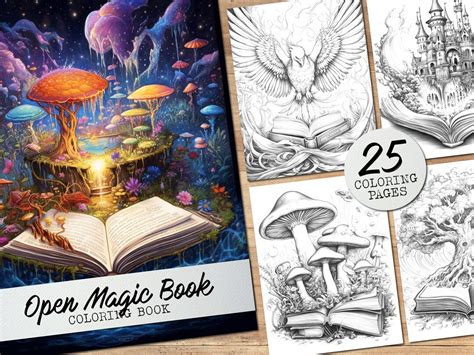 Open Magic Book Coloring Book Collection 25 Magical Book Greyscale