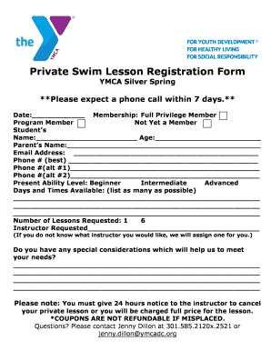 Private Swim Lesson Registration Form Ymcadc Fill And Sign