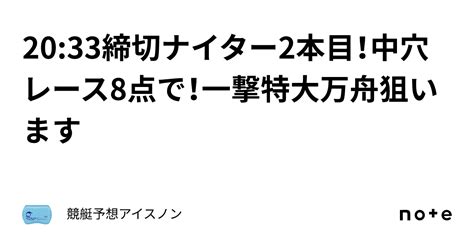 2033締切🔥ナイター2本目！中穴レース🔥8点で！一撃特大万舟狙います🔥｜競艇予想アイスノン