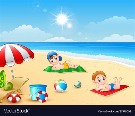 Two Boy Sunbathing On The Beach Mat Royalty Free Vector