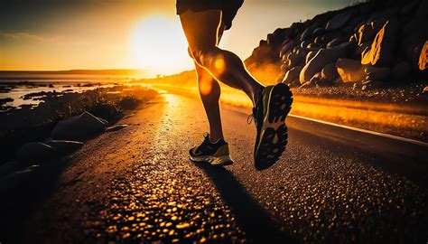 Close Up Legs Runner Running On Road Sunrise Seaside Trail Ai