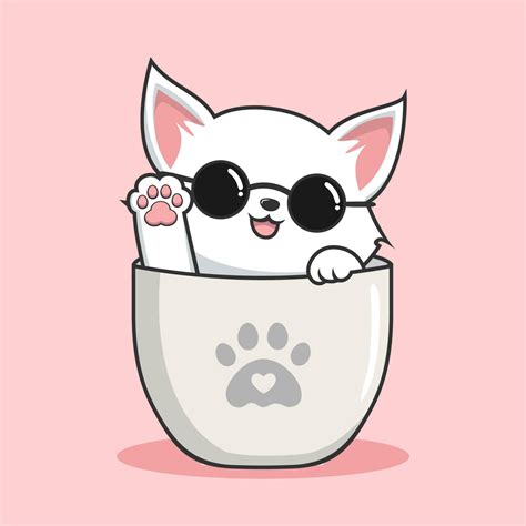 Cat In Mug With Round Glasses Cute White Pussy Cat In Cups Mug Illustration Vector