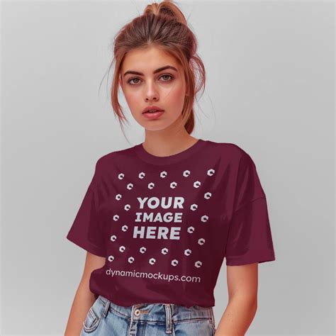 Woman Wearing Maroon T Shirt Mockup Front View Template