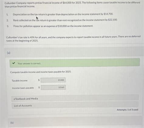 Solved Cullumber Company Reports Pretax Financial Income Of Chegg