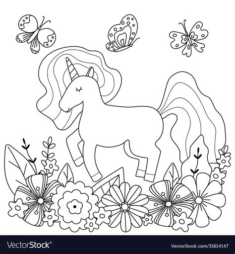 Cute Unicorn Flowers Coloring Page Vector Illustration Art Stock The