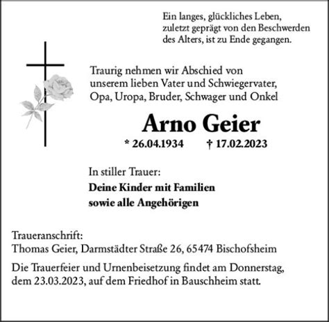 Traueranzeigen Von Arno Geier Vrm Trauer De