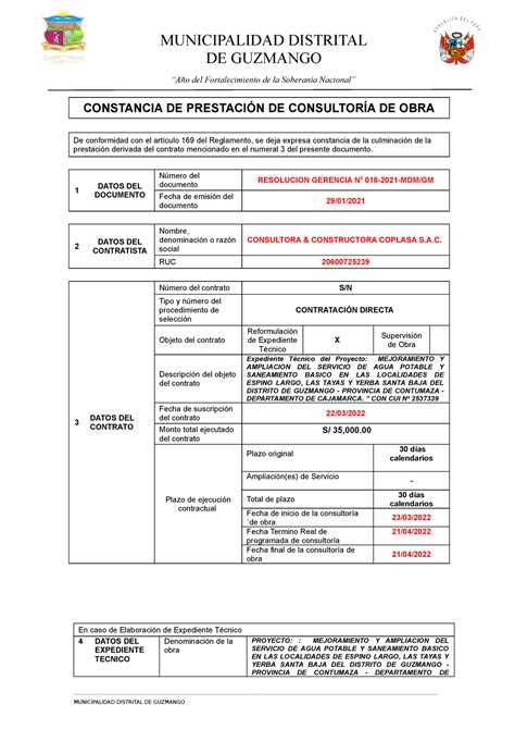 Contancia De Prestacion De Consultoria De Obra Expediente Agua Las Tayas Guzmango