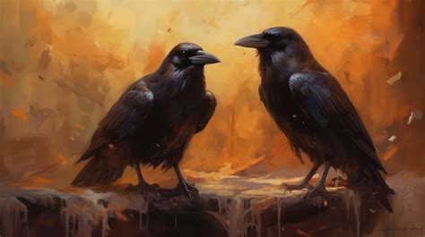 Premium AI Image | A painting of two crows on a branch