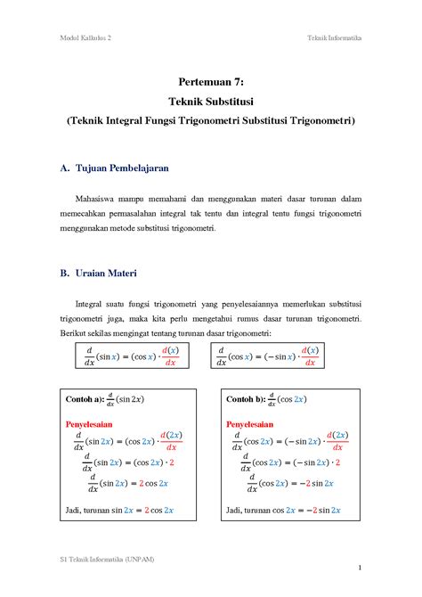 Solution Kalkulus 2 Pertemuan 7 Teknik Integral Fungsi Trigonometri