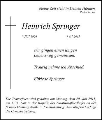 Traueranzeigen Von Heinrich Springer Trauer In Nrw De