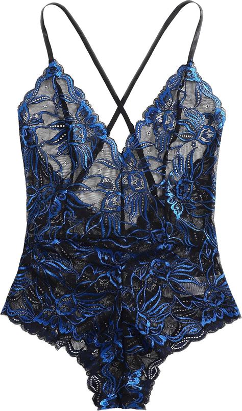 Floerns Women S Strappy Lace Babydoll Teddy Bodysuit Nightwear Lingerie Black And Blue L Amazon