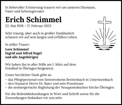 Traueranzeigen Von Erich Schimmel Trauerundgedenken De