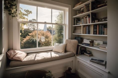 Premium Ai Image Cozy Reading Nook In Sunny Window Seat With View Of