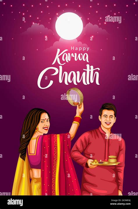 Illustration Of Indian Hindu Festival Happy Karva Chauth Background With Couple Doing Karwa