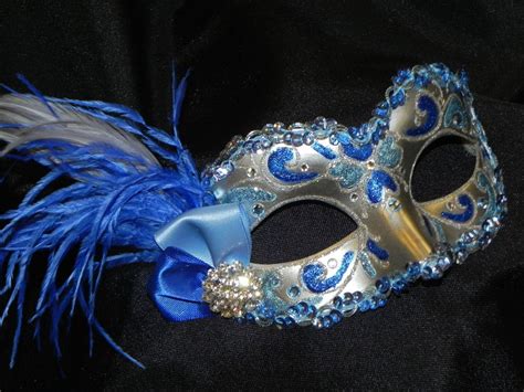 Feather Masquerade Mask In Light Blue Royal Blue And Silver