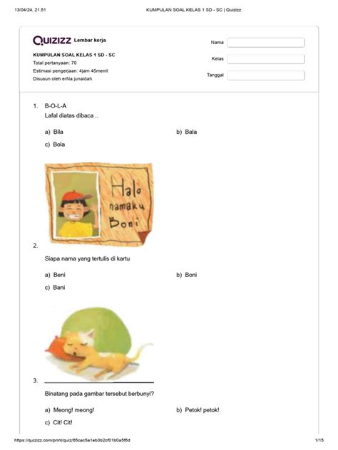 Kumpulan Soal Kelas 1 Sd Sc Quizizz Pdf