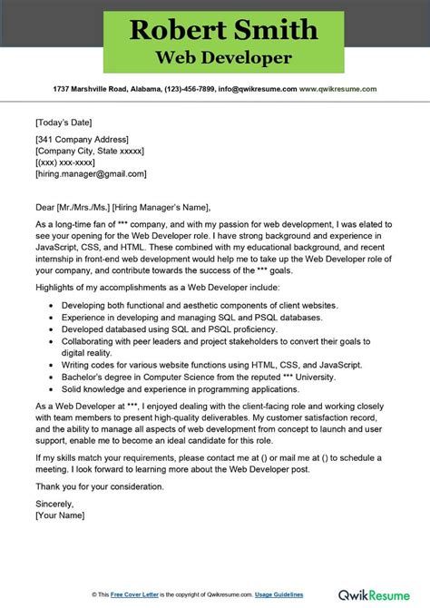 Web Developer Cover Letter Examples QwikResume