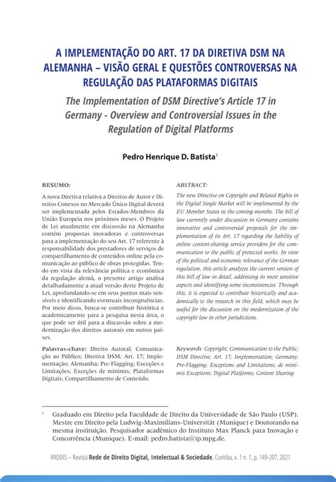 PDF A IMPLEMENTAÇÃO DO ART 17 DA DIRETIVA DSM NA ALEMANHA VISÃO