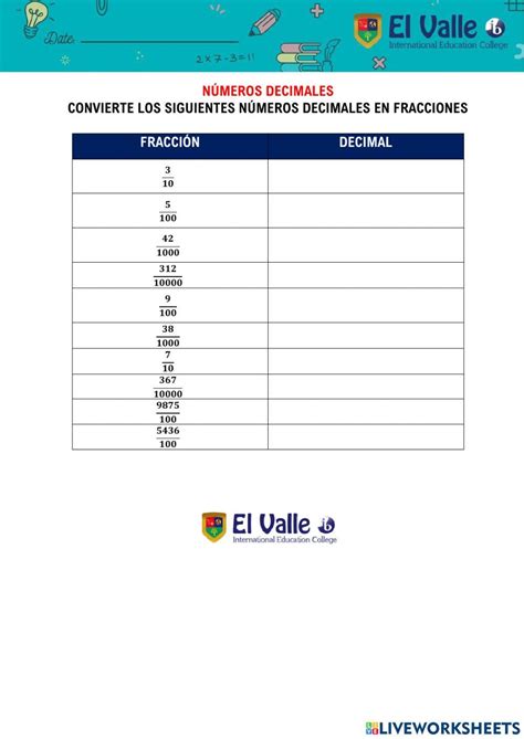 Conversión De Fracción A Decimal Live Worksheets