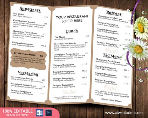 Free Tri Fold Menu Template Word