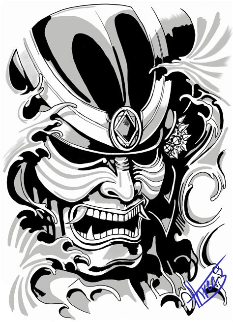 Samurai Mask Tattoo Stencil