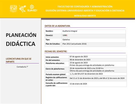 PLAN DE TRABAJO AUDITORIA INTEGRAL PLANEACIN DIDCTICA LICENCIATURAS