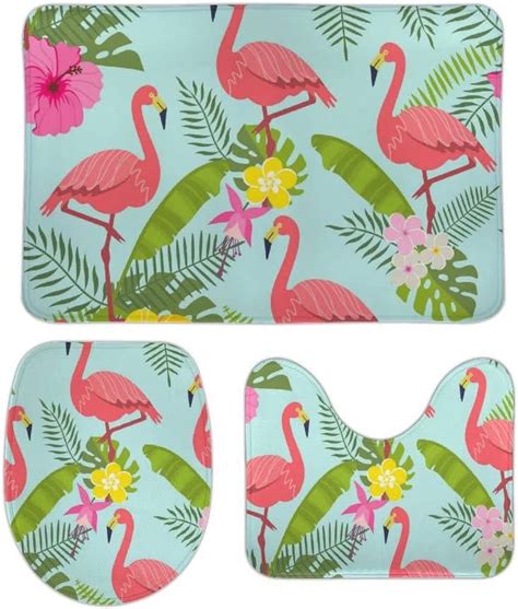 Wellsay Non Slip 3 Piece Bathroom Rug Set Flamingo Tropical Leaves And