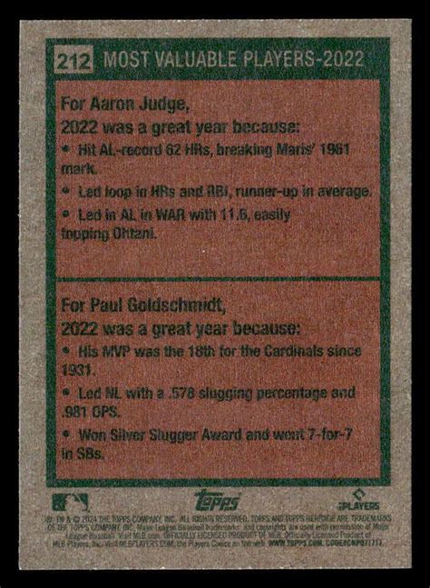 Topps Heritage Mvps Aaron Judge Paul Goldschmidt Ebay