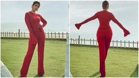 Pooja Hegde Is A Retro Queen In Hot Red Sweater And Flared Pants For Radhe Shyam Promotions