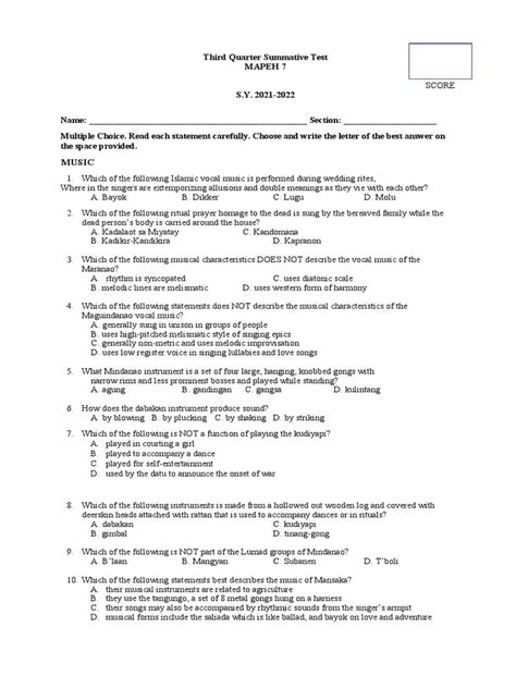 Mapeh 7 3rd Quarter Summative Test Pdf Stress Biology Mental