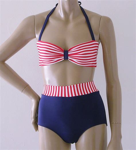 High Waisted Bikini Bottom And Retro Bandeau Top In Red And Etsy