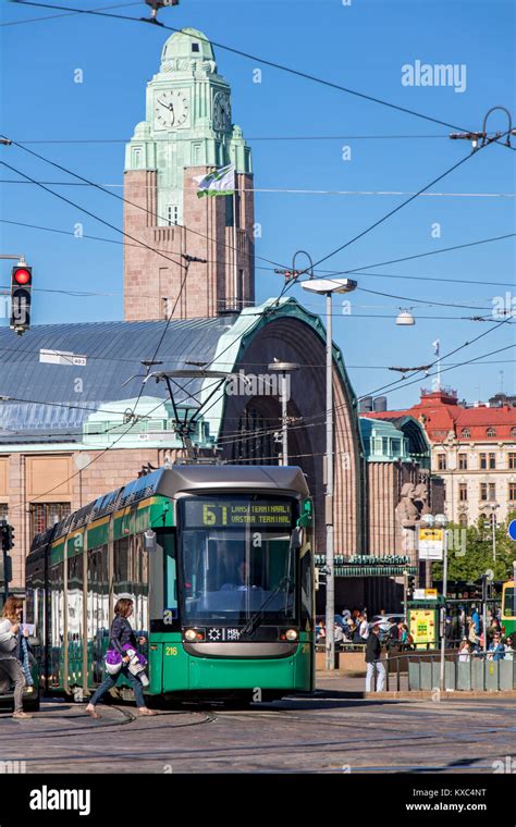 Finland Helsinki Jul 02 2017 A Modern Tram Ride Beside Main Railway