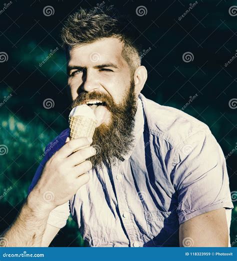 Man Has Ice Cream Delicacy Concept Bearded Man With Ice Cream Cone