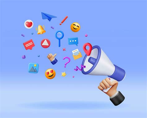 3d Megaphone With Flying Social Media Icons Render Like Image Message And Video Sign And