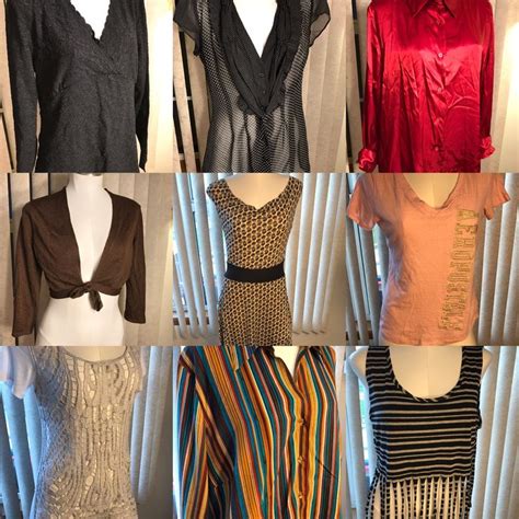 Six Different Types Of Blouses On Mannequins In Front Of A Window