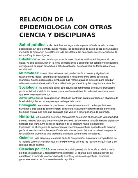 Relacion DE LA Epidemiologia CON Otras C RELACIÓN DE LA EPIDEMIOLOGIA