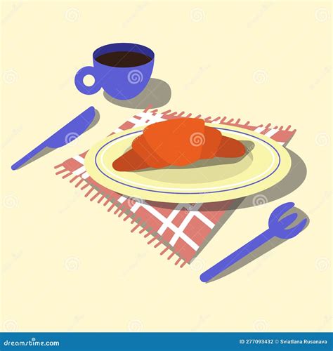 Cartoon Table Setting for Breakfast. a Mug of Coffee, a Croissant on a Plate with a Fork and a ...