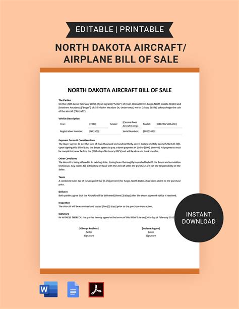 North Carolina Aircraft Airplane Bill Of Sale Template Google Docs