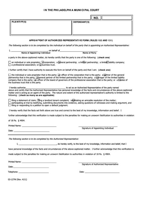 Fillable Appointment Of Authorized Representative Form Rules 102 And