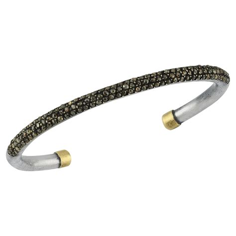 Oxidised Silver And 14k Gold Cuff Bangle With Smoky Diamonds For Sale