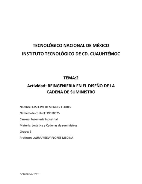 Reingenieria Y Logistica Octubre De Tecnolgico Nacional De M