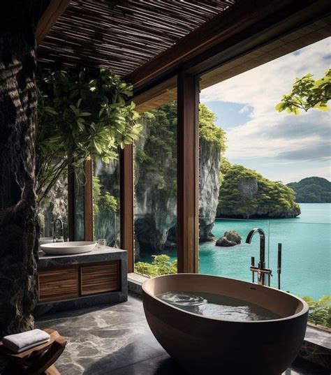 A Large Bath Tub Sitting In Front Of A Window Next To A Body Of Water