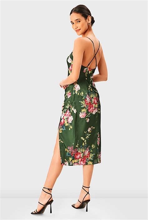 Shop Floral Print Satin Vented Sheath Dress Eshakti