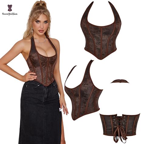 Brown Steampunk Clothing Retro Chest Binder Bustier Halterneck Corset