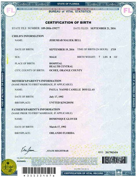 Birth Certificate Sample Usa