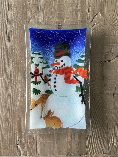 Peggy Karr Fused Glass Rectangular Tray Serving Piece Snowman Bunny